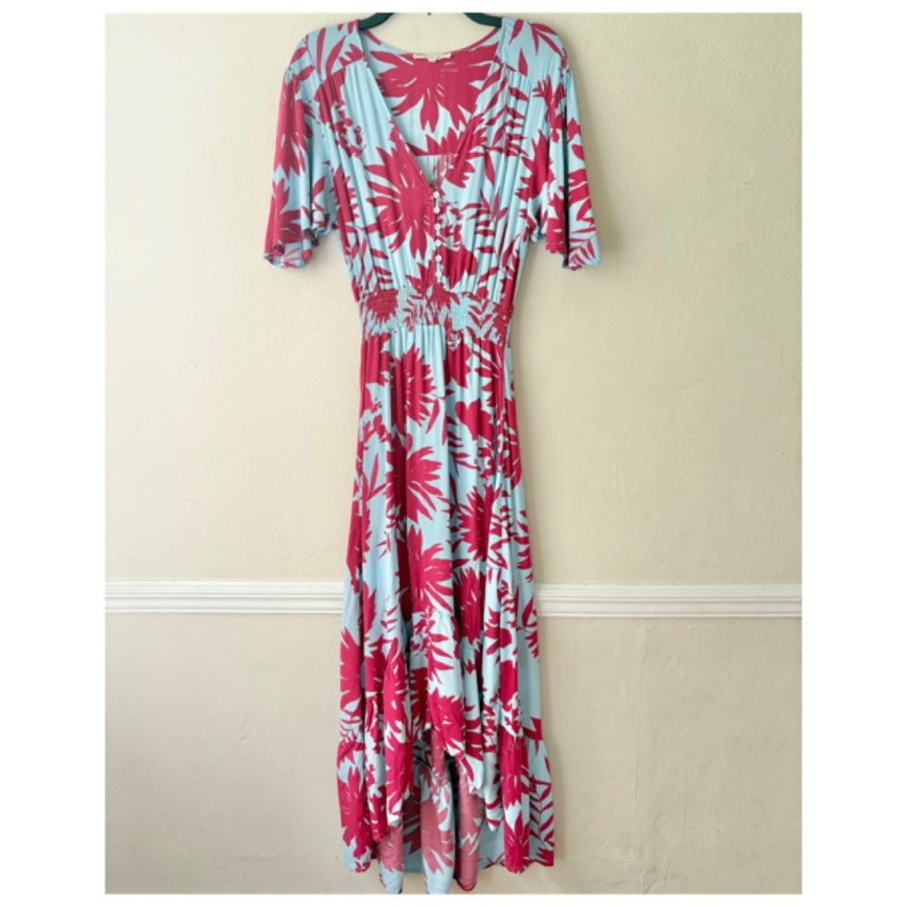 Abel the Label Anthropologie Blue & Pink Hawaiian Morning Star Maxi Dress